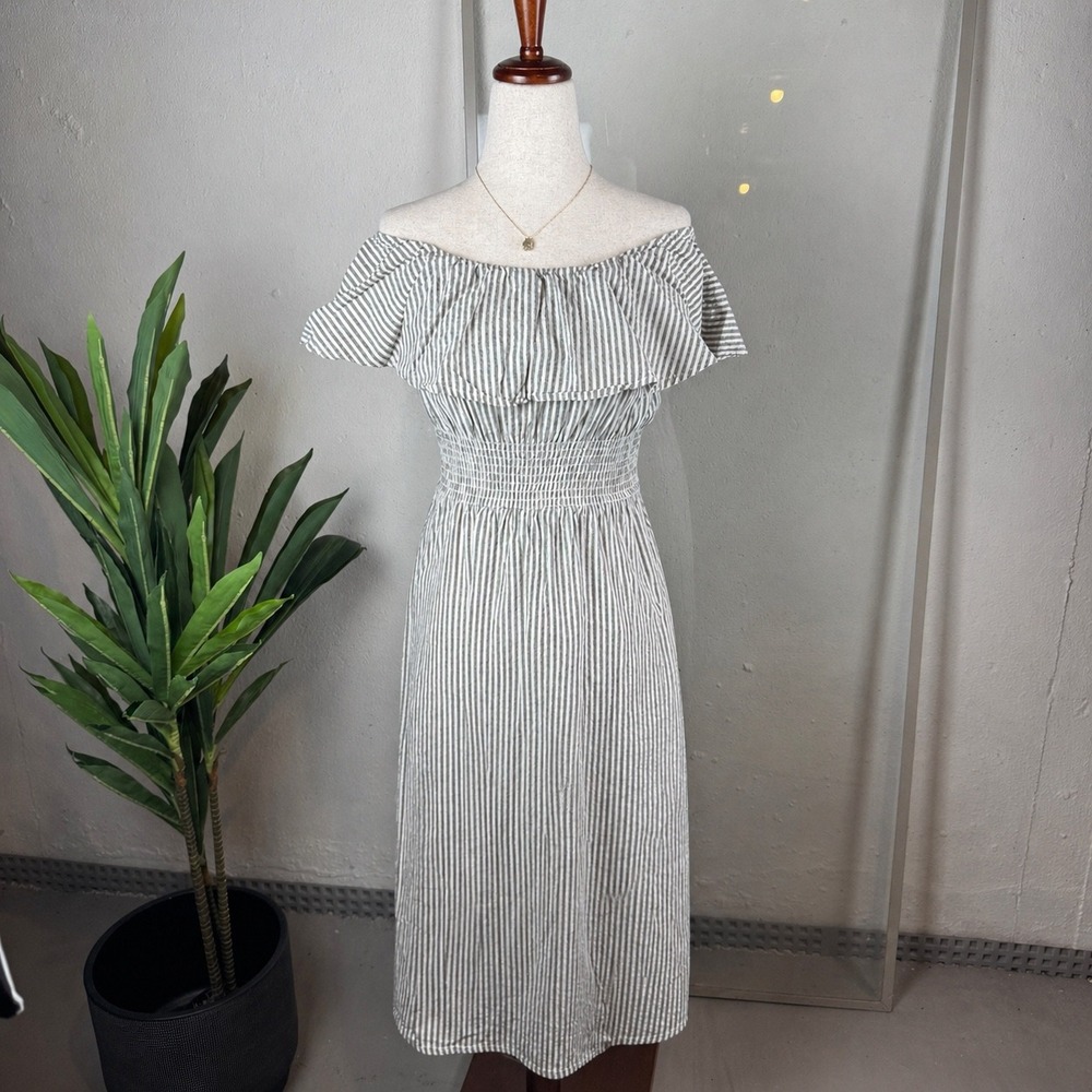 Zara Midi Dress Womens Small Grey White Striped Off Shoulder Ruffle Coquette